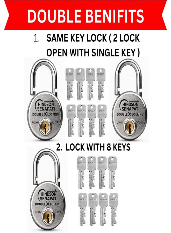 HINDSON Same Key Lock Senapati 65mm Double Locking Padlock Pack of 2 with 10 Lever Security and 8 Same Keys | Heavy Duty Lock and Key for Home, Door and Gate Use - Image 4
