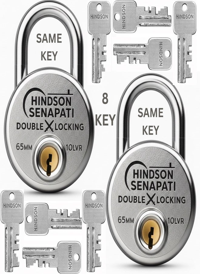 HINDSON Same Key Lock Senapati 65mm Double Locking Padlock Pack of 2 with 10 Lever Security and 8 Same Keys | Heavy Duty Lock and Key for Home, Door and Gate Use - Image 1