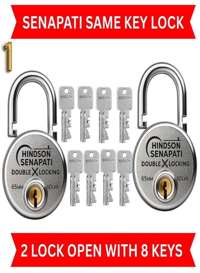 HINDSON Same Key Lock Senapati 65mm Double Locking Padlock Pack of 2 with 10 Lever Security and 8 Same Keys | Heavy Duty Lock and Key for Home, Door and Gate Use - Image 5