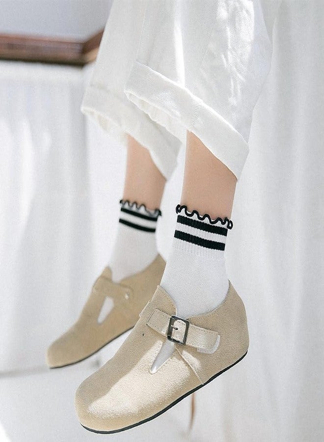 MarJunSep Cute Striped Ruffle Ankle Frilly Lettuce Edge Dots Heart Ribbed Thin Socks for Women Teen Girls (US, Alpha, One Size, Regular, Regular, 6 Pairs White Black Socks Heart Dots Striped) - Image 2