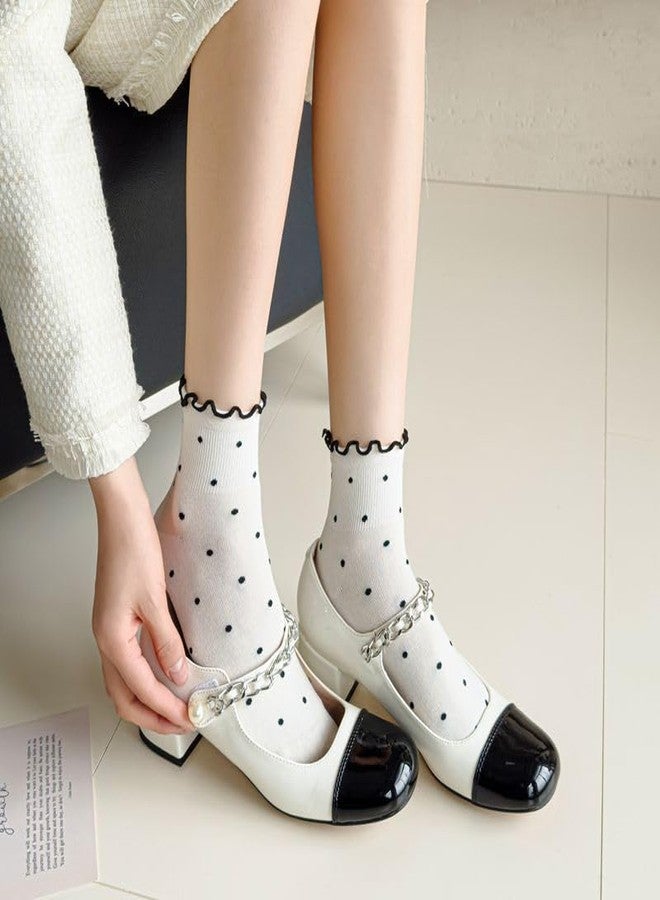 MarJunSep Cute Striped Ruffle Ankle Frilly Lettuce Edge Dots Heart Ribbed Thin Socks for Women Teen Girls (US, Alpha, One Size, Regular, Regular, 6 Pairs White Black Socks Heart Dots Striped) - Image 5