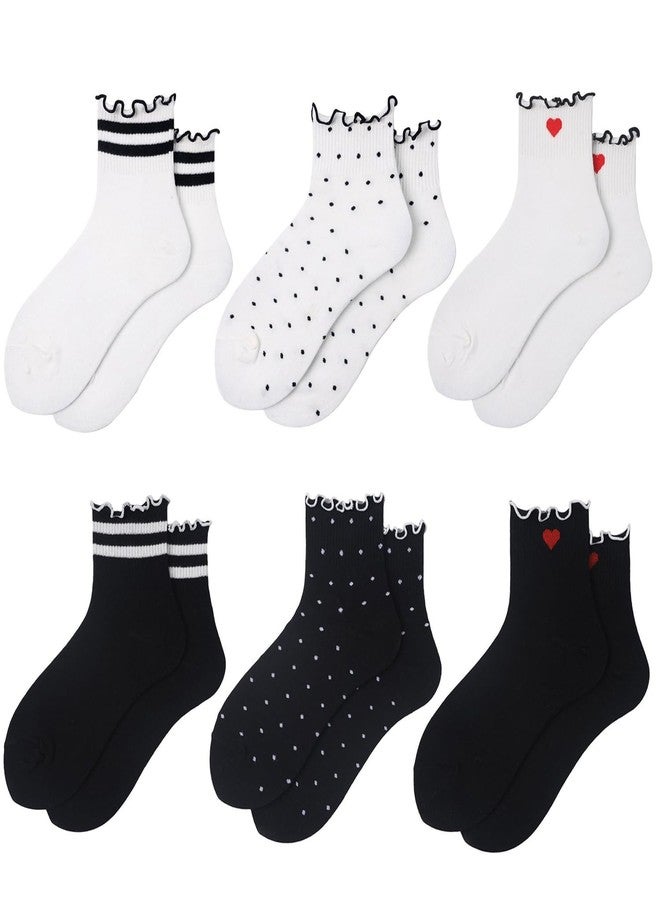 MarJunSep Cute Striped Ruffle Ankle Frilly Lettuce Edge Dots Heart Ribbed Thin Socks for Women Teen Girls (US, Alpha, One Size, Regular, Regular, 6 Pairs White Black Socks Heart Dots Striped) - Image 1