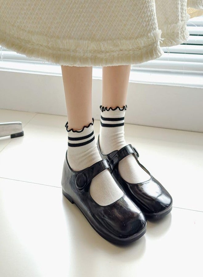 MarJunSep Cute Striped Ruffle Ankle Frilly Lettuce Edge Dots Heart Ribbed Thin Socks for Women Teen Girls (US, Alpha, One Size, Regular, Regular, 6 Pairs White Black Socks Heart Dots Striped) - Image 4