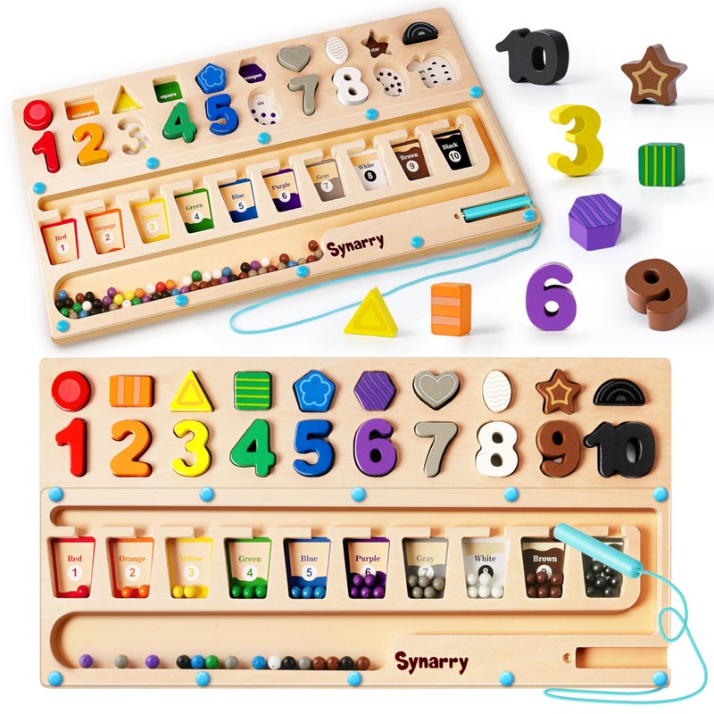 SYNARRY 3 in 1 Montessori Toys for 3 Year Old Educational Magnetic Color and Number Maze Shape Number Wooden Puzzle Counting Learning Toys Easter Basket Stuffers Gifts for Kids - Image 3