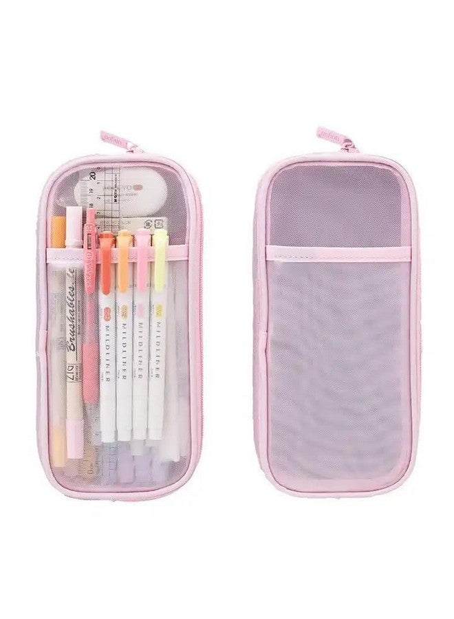 DROPOSALE Transparent Mesh Pen Pouch Keep Your Writing Essentials Organized and Best for Student Exams Pack of 1 (Pink) - Image 1