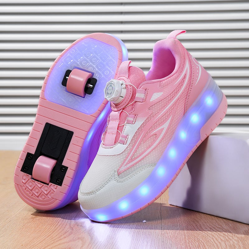 Childrens Shoes Girls sneaker 2025 New Summer Swivel Buckle Childrens Skating Double Wheel Mob Shoes Flash Light Roller Skate 3.5 white and pink double wheels with lights 