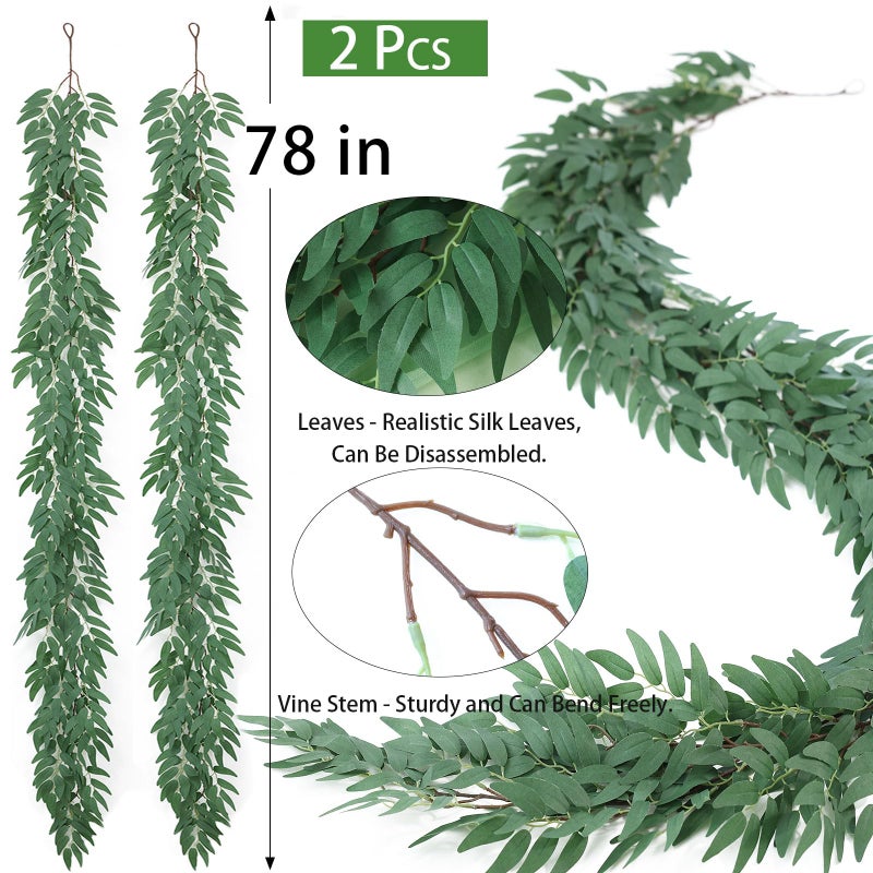 Mizii 2 Strands Artificial Vines Willows Garland 78" Fake Vine Italian Ruscus Silk Green Leaves Faux Hanging Plants Greenery Decoration for Table Centerpieces Home Room Party Wedding Decor (Willows) - Image 2