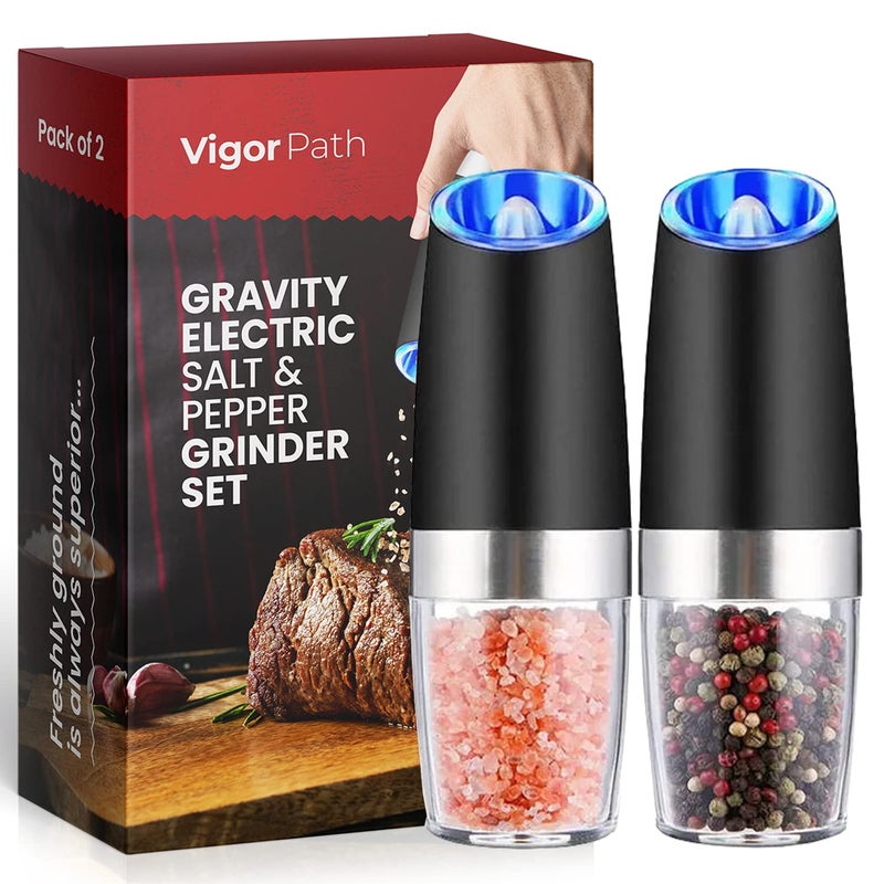 vigor path Electric Salt and Pepper Grinder Set Adjustable Coarseness BatteryPowered with LED Light Automatic salt and pepper grinder set with Gravity Technology stainless steel Black