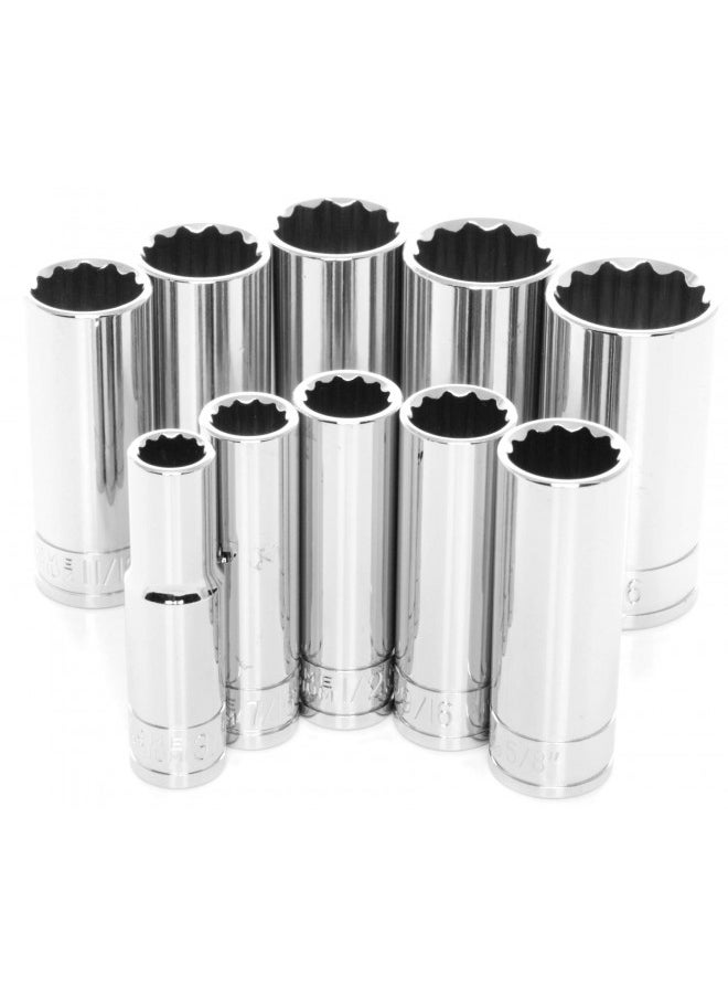 Performance Tool Performance Tool W38600 3/8" Dr 12pt SAE DW Deep Socket Tool Set for Garages and Workshops, Chrome, 10 pieces 