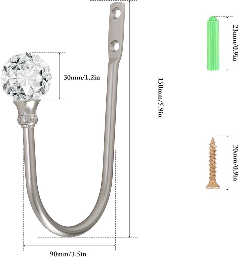 HEMOUR Curtain Holdback, 4Pcs Wall Mounted Drapery Tiebacks with Clear Crystal Ball, Heavy Duty Metal Decorative Window Drapery Curtain Holder Curtain Hooks with Screws, Sliver - Image 3
