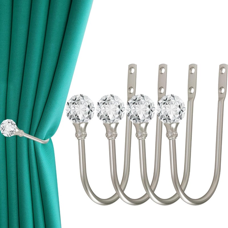 HEMOUR Curtain Holdback, 4Pcs Wall Mounted Drapery Tiebacks with Clear Crystal Ball, Heavy Duty Metal Decorative Window Drapery Curtain Holder Curtain Hooks with Screws, Sliver - Image 1