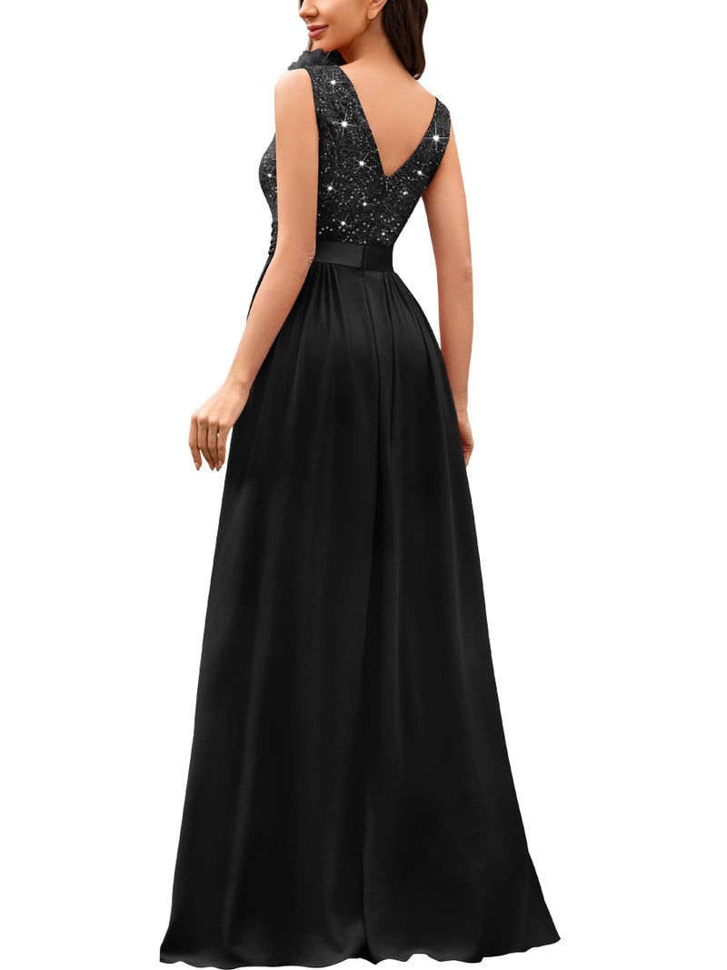 Miusol Women's Vintage V-Neck Sleeveless Sequined Split Formal Evening Maxi Dress (Large, Black) - Image 2