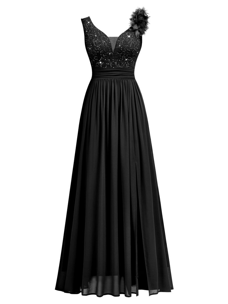 Miusol Women's Vintage V-Neck Sleeveless Sequined Split Formal Evening Maxi Dress (Large, Black) - Image 4