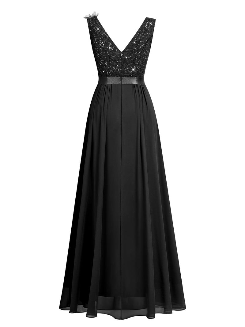 Miusol Women's Vintage V-Neck Sleeveless Sequined Split Formal Evening Maxi Dress (Large, Black) - Image 5