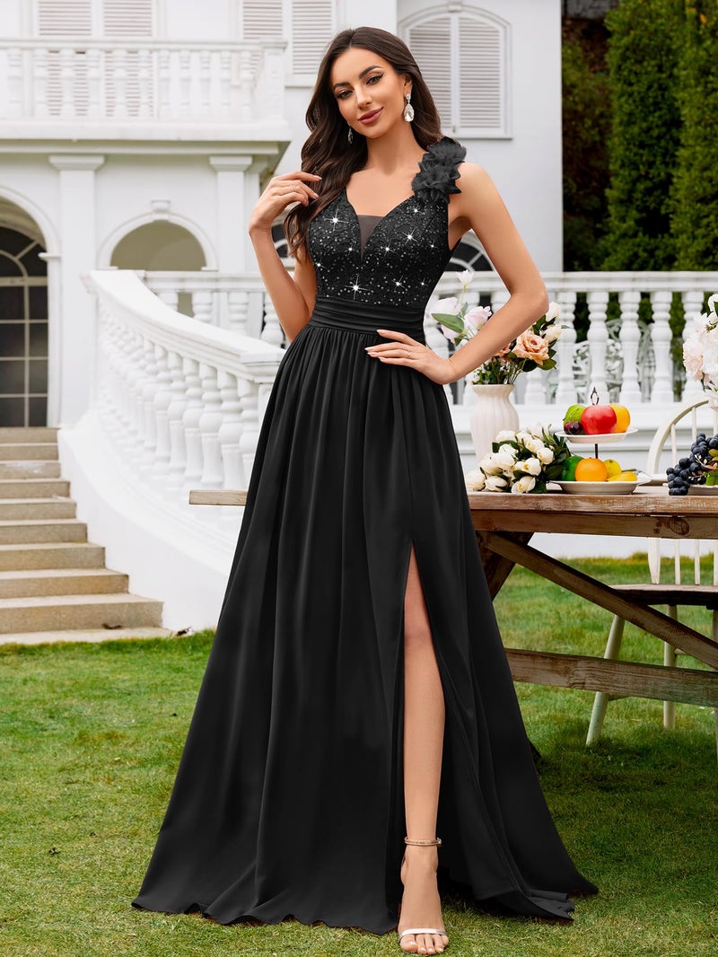 Miusol Women's Vintage V-Neck Sleeveless Sequined Split Formal Evening Maxi Dress (Large, Black) - Image 3