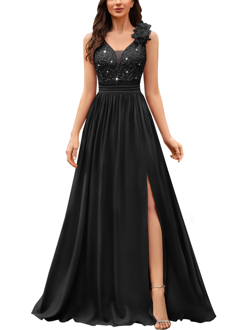 Miusol Women's Vintage V-Neck Sleeveless Sequined Split Formal Evening Maxi Dress (Large, Black) - Image 1