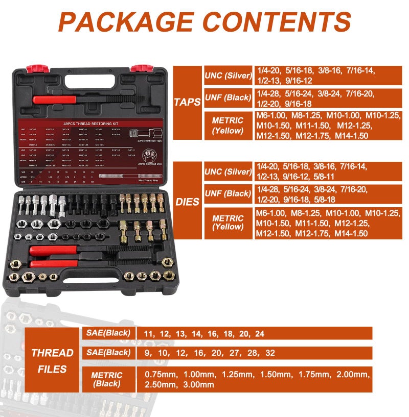 Marvelity 49PCS Thread Chaser and Repair Kit with 22 Taps, 24 Dies, 3 Files for UNC UNF Metric Bolts, Nuts and Screws - Image 5