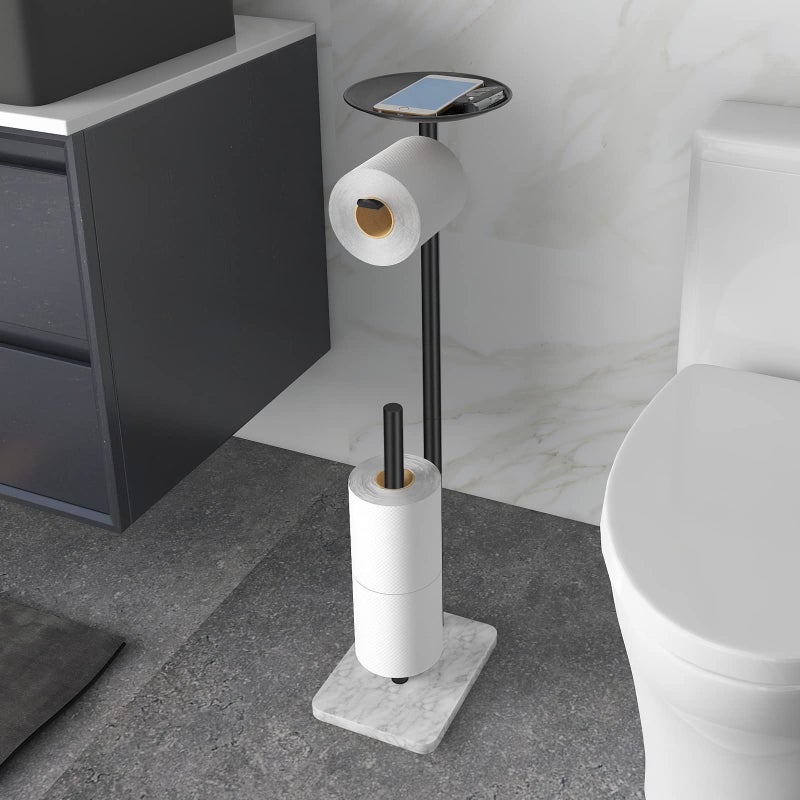 FEILERN FEILERN Toilet Paper Holder Stand for Bathroom Floor Standing Toilet Roll Dispenser Storages 4 Reserve Rolls with Top Storage Shelf for Cell Phones Wipe Wallet and MoreMarble Black 