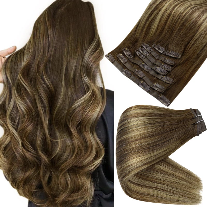 Full Shine Seamless Hair Extensions Brown to Honey Blonde Mix Brown Brazilian Clip in Human Hair Extension Silky Straight Remy Hair With PU Weft 8 Pcs 120 Grams 22 Inch