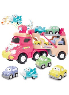 Swift 5 in 1 Double Decker Truck Vehicles Toys, Friction Power Transport Truck Car with Light and Sound, Birthday Eid Gifts for Boys Girls Pink  - Image 1