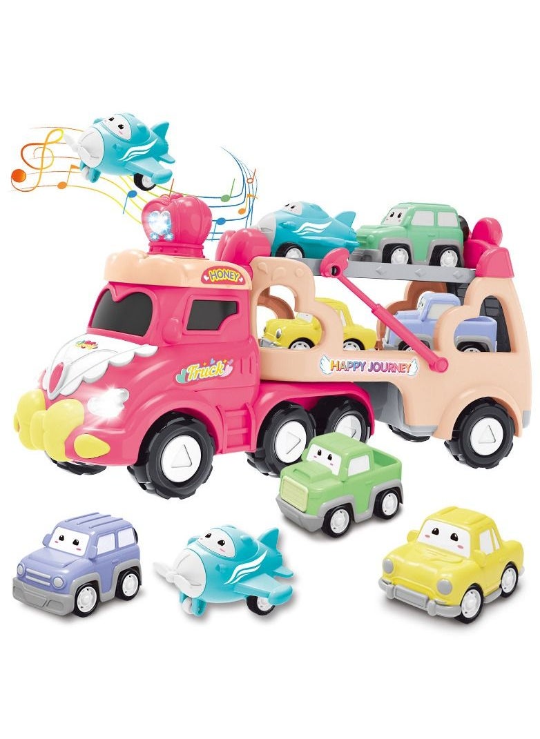 Swift 5 in 1 Double Decker Truck Vehicles Toys, Friction Power Transport Truck Car with Light and Sound, Birthday Eid Gifts for Boys Girls Pink  - Image 1