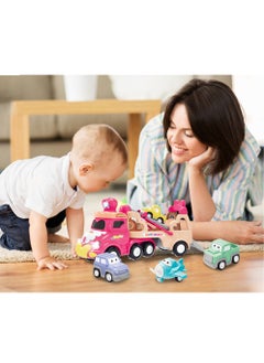 Swift 5 in 1 Double Decker Truck Vehicles Toys, Friction Power Transport Truck Car with Light and Sound, Birthday Eid Gifts for Boys Girls Pink  - Image 4
