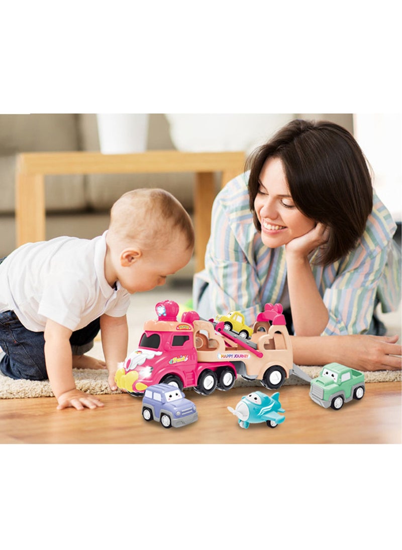 Swift 5 in 1 Double Decker Truck Vehicles Toys, Friction Power Transport Truck Car with Light and Sound, Birthday Eid Gifts for Boys Girls Pink  - Image 4