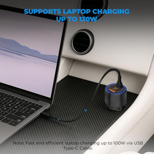Amkette MOZEN by AMKETTE Drive Ultra 3 in 1 130W Car Charger/car Laptop Charger Fast Charging Type C 100W + USB-A + C 30W, Metallic Build, Advanced PowerSplit Safety Protocols, for Mobile, Tablets & Laptops - Image 4