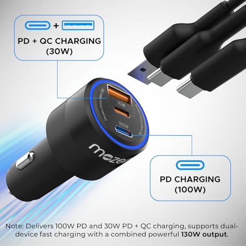 Amkette MOZEN by AMKETTE Drive Ultra 3 in 1 130W Car Charger/car Laptop Charger Fast Charging Type C 100W + USB-A + C 30W, Metallic Build, Advanced PowerSplit Safety Protocols, for Mobile, Tablets & Laptops - Image 5