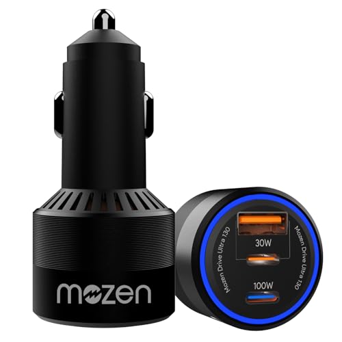 Amkette MOZEN by AMKETTE Drive Ultra 3 in 1 130W Car Charger/car Laptop Charger Fast Charging Type C 100W + USB-A + C 30W, Metallic Build, Advanced PowerSplit Safety Protocols, for Mobile, Tablets & Laptops - Image 1