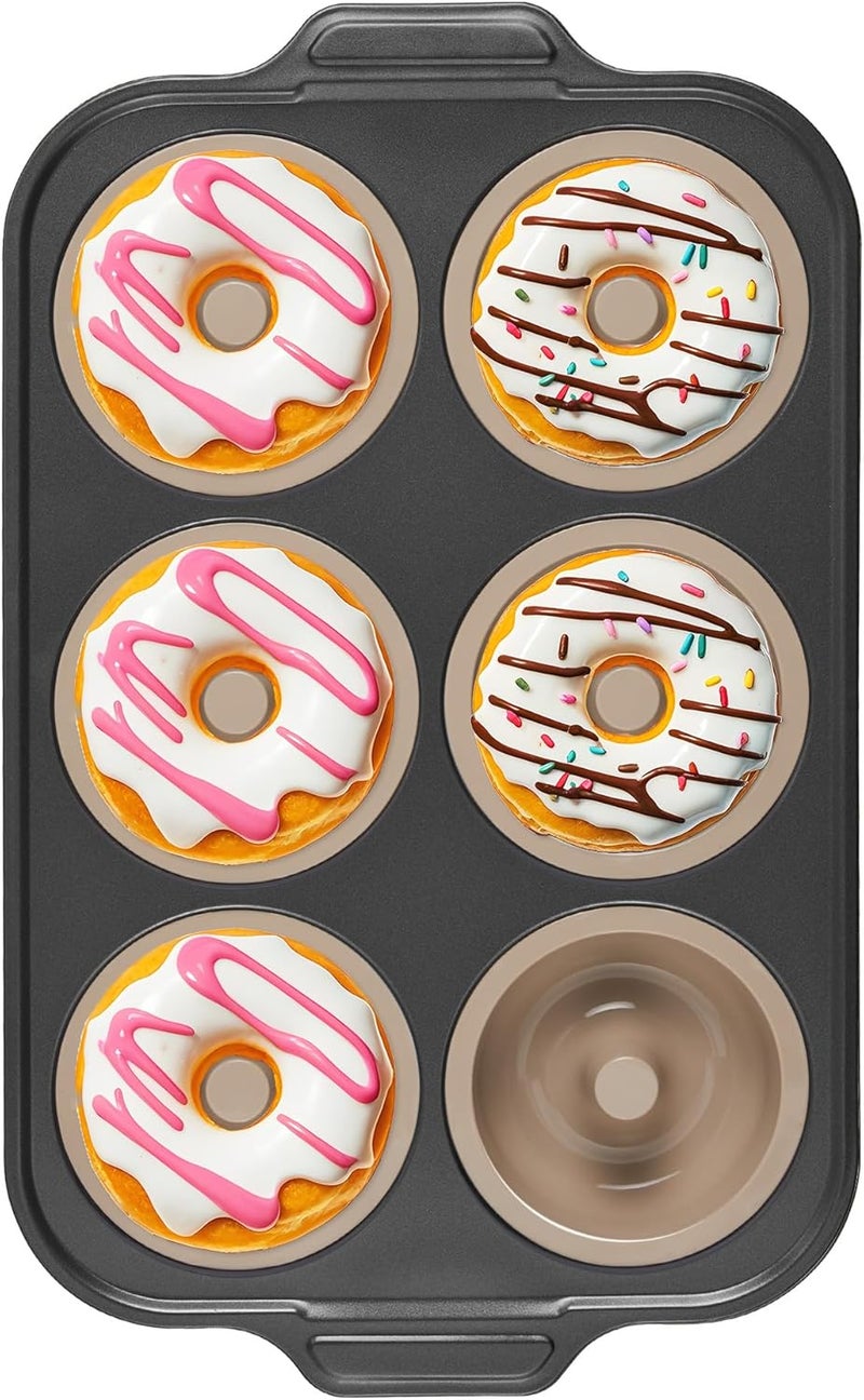 BRONYPRO Silicone Donut Pan for Baking with Metal Frame, 3.35 Inch Large doughnut pan,donut molds for baking Nonstick Non Toxic Bakeware for Oven, Brown - Image 1