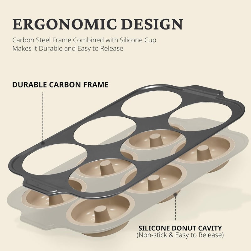 BRONYPRO Silicone Donut Pan for Baking with Metal Frame, 3.35 Inch Large doughnut pan,donut molds for baking Nonstick Non Toxic Bakeware for Oven, Brown - Image 2
