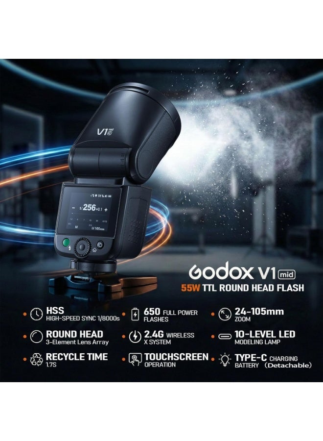 Godox V1 MID S Flash for Sony,55W Round Head Speedlite Touchscreen,Upgrade 24mm,650+Full Power Pops,1.7s Recycle, TTL/HSS 1/8000s V1MID Lightweight Travel Flash for A7C II A6700 A7IV ZV-E1 Fits AK-R1 - Image 2