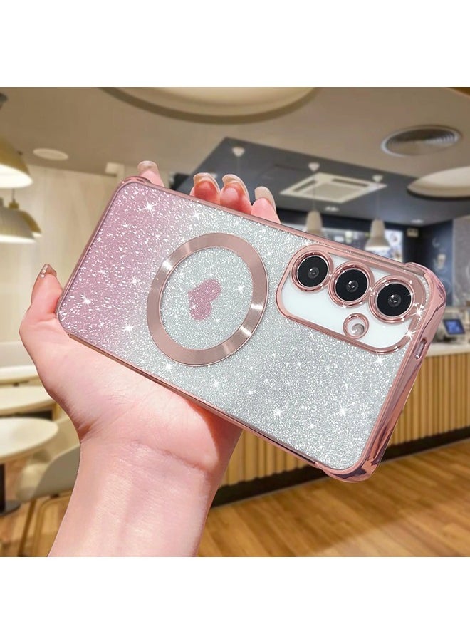 ShebSheb for Samsung Galaxy S24 Case Glitter, Clear Magnetic Phone Cases with Camera Lens Protector [Compatible with MagSafe] Bling Sparkle Plating Soft TPU Slim ShockProof Protective Cover  - Image 3