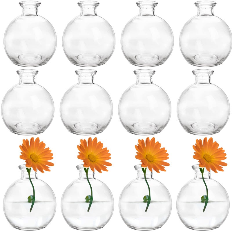SOUJOY Set of 12 Small Glass Ball Bud Vase Unique Mini Low Sitting Flower Vase Clear Floral Centerpieces for Home Decor Weddings Floral Arrangements Events Parties