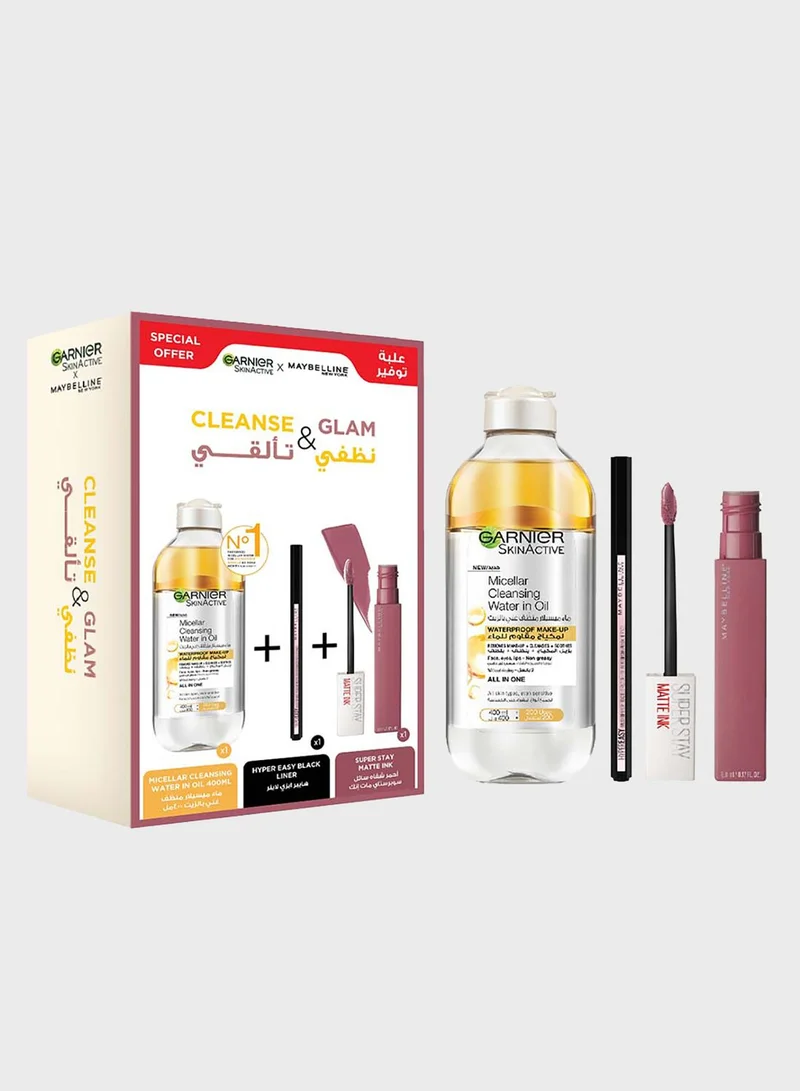 MAYBELLINE NEW YORK Micellar Water 400Ml + Super Stay Matte Lipstick 15 + Hyper Easy Mascara