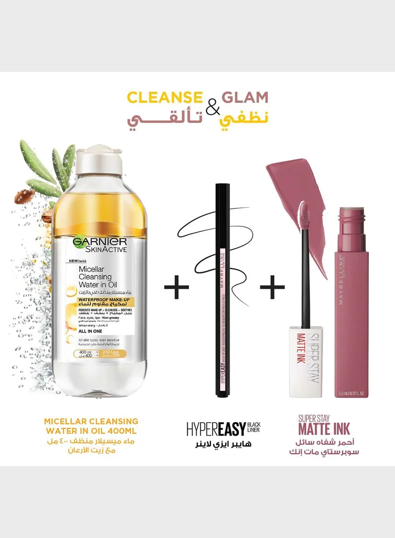 MAYBELLINE NEW YORK Micellar Water 400Ml + Super Stay Matte Lipstick 15 + Hyper Easy Mascara