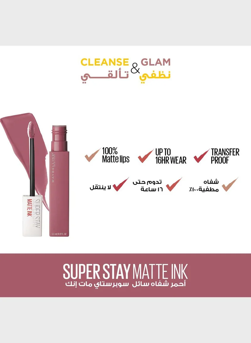 MAYBELLINE NEW YORK Micellar Water 400Ml + Super Stay Matte Lipstick 15 + Hyper Easy Mascara