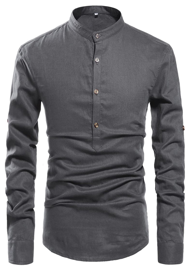 NITAGUT Men Henley Neck Long Sleeve Daily Look Linen Shirts Casual Beach T Shirts (US L/Chest 42-45, Dark Grey) - Image 3