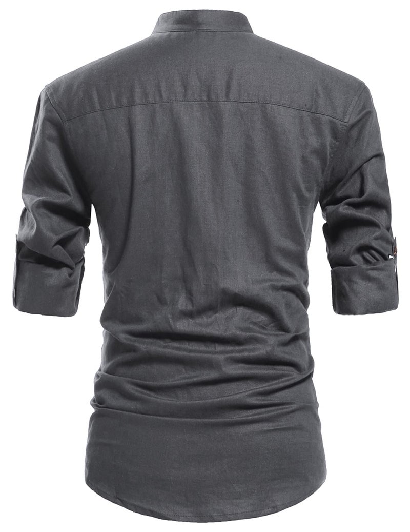 NITAGUT Men Henley Neck Long Sleeve Daily Look Linen Shirts Casual Beach T Shirts (US L/Chest 42-45, Dark Grey) - Image 2