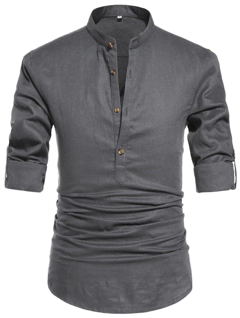 NITAGUT Men Henley Neck Long Sleeve Daily Look Linen Shirts Casual Beach T Shirts (US L/Chest 42-45, Dark Grey) - Image 1