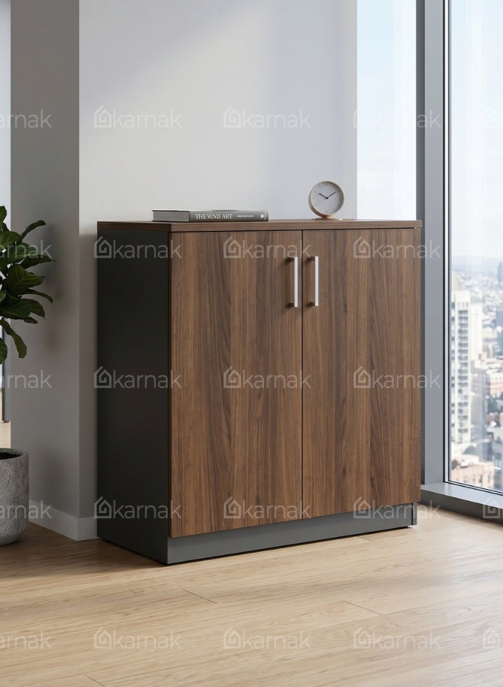 KARNAK Royalcraft Wooden 2-Door Low Cabinet, Walnut & Grey Office Storage Cabinet - Image 4