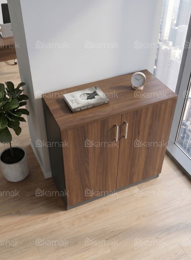 KARNAK Royalcraft Wooden 2-Door Low Cabinet, Walnut & Grey Office Storage Cabinet - Image 5