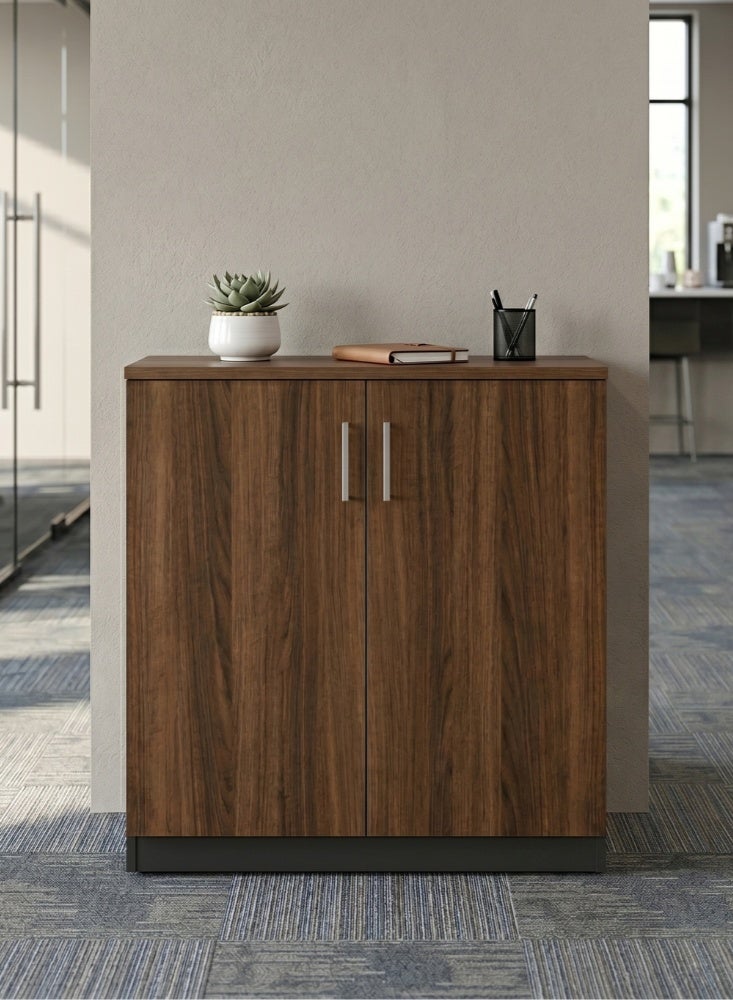 KARNAK Royalcraft Wooden 2-Door Low Cabinet, Walnut & Grey Office Storage Cabinet - Image 1
