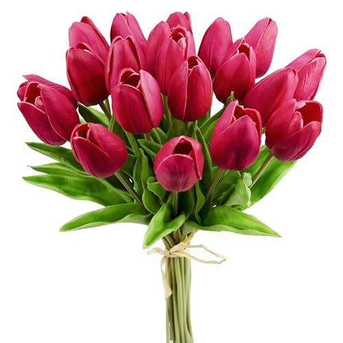 Mandy's Artificial Tulips 20 Stems Hot Pink PU Faux Flowers for Wedding Home Decor 13.5 Inch - Image 1