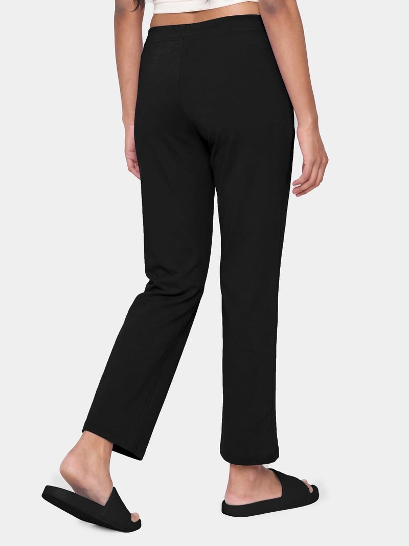 Enamor Essentials Womens Mid Rise Slim Fit Straight Leg Breathable Stretch Cotton Lounge Pants with Drawstring and Invisible Zipper Pockets- E014 - Image 3