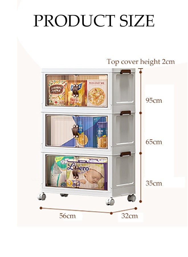 Spides 3 Tiers Foldable Storage Cabinet Multifunctional Stackable Storage Bins with Magnetic Attraction Doors Plastic Storage Drawers with Wheels Freestanding Drawer Cabinet for Home, Office，Bedroom， Living Room， Study - Image 4