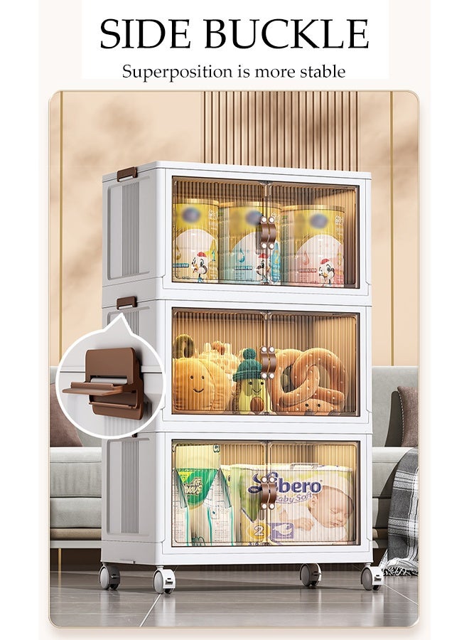 Spides 3 Tiers Foldable Storage Cabinet Multifunctional Stackable Storage Bins with Magnetic Attraction Doors Plastic Storage Drawers with Wheels Freestanding Drawer Cabinet for Home, Office，Bedroom， Living Room， Study - Image 2