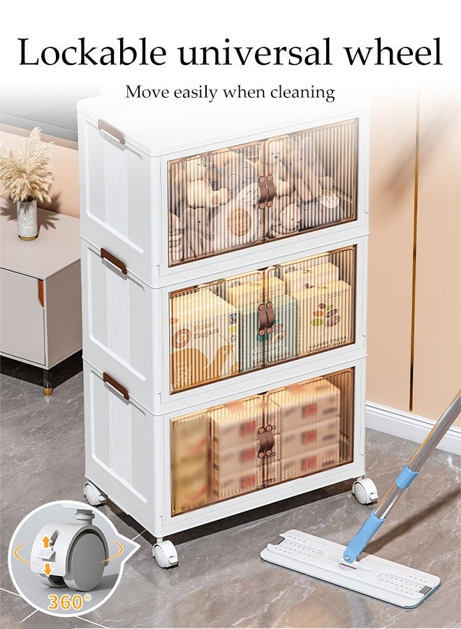 Spides 3 Tiers Foldable Storage Cabinet Multifunctional Stackable Storage Bins with Magnetic Attraction Doors Plastic Storage Drawers with Wheels Freestanding Drawer Cabinet for Home, Office，Bedroom， Living Room， Study - Image 3