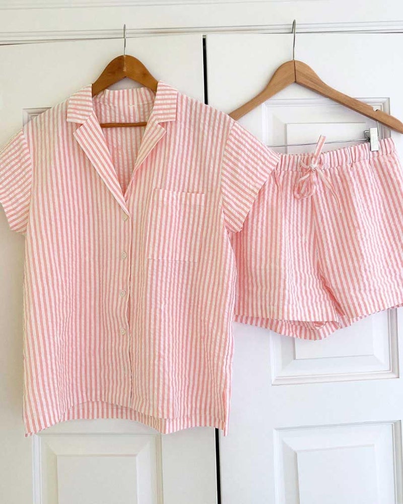 codcm Womens Striped Pajama Set Cute Heart Pjs Sleepwear Short Sleeve Shirt and Shorts Set(Pink02,Medium) - Image 4